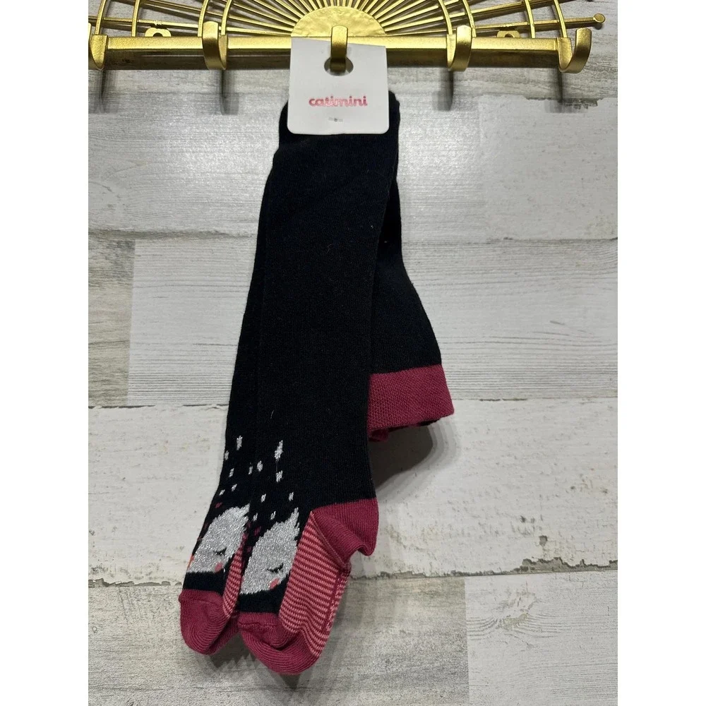 Catimini Fox Tights Kids 4-6m Black Burgundy Animal Print Knit NWT